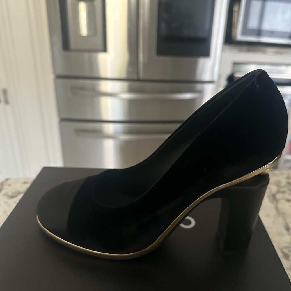 Chanel - Black Velvet / Satin Shoes  Euro Size 42 with Pearl on open heel  New